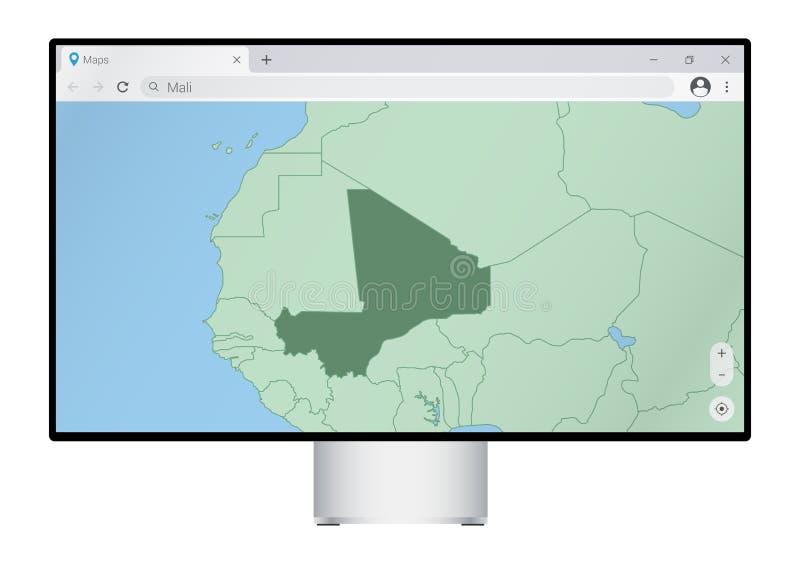 Computer monitor with map of Mali in browser, search for the country of Mali on the web mapping program royalty free illustration