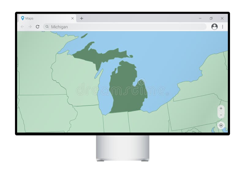Computer monitor with map of Michigan in browser, search for the country of Michigan on the web mapping program vector illustration