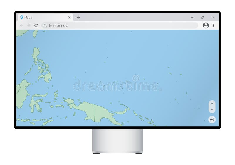 Computer monitor with map of Micronesia in browser, search for the country of Micronesia on the web mapping program stock illustration