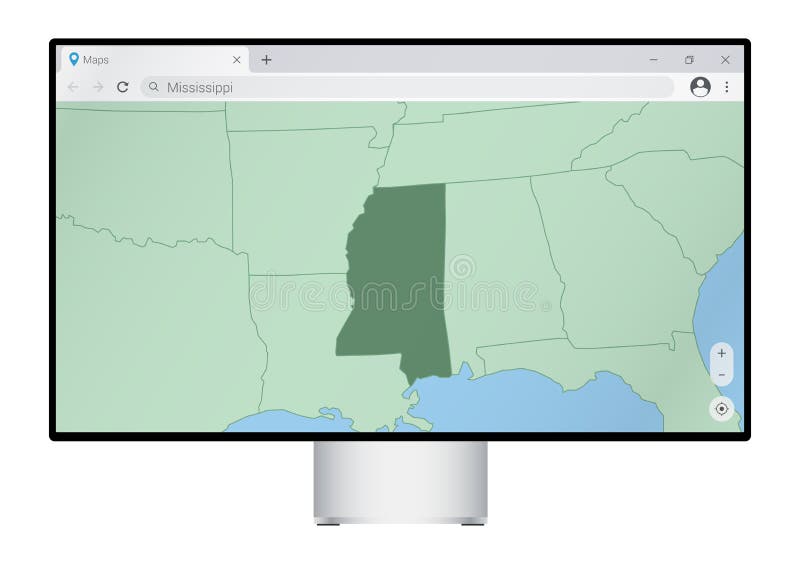 Computer monitor with map of Mississippi in browser, search for the country of Mississippi on the web mapping program stock illustration