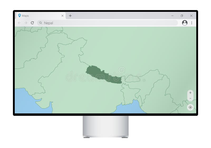 Computer monitor with map of Nepal in browser, search for the country of Nepal on the web mapping program stock illustration