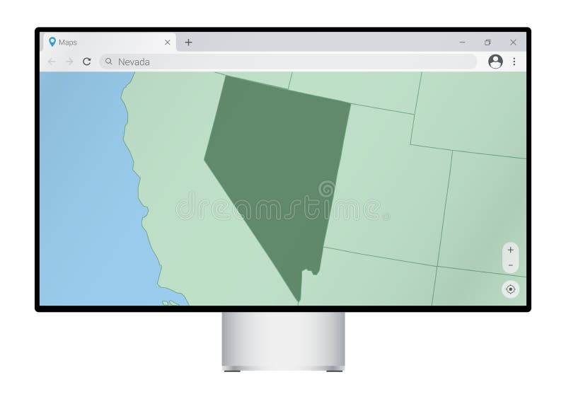 Computer monitor with map of Nevada in browser, search for the country of Nevada on the web mapping program vector illustration