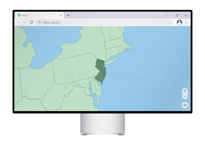 Computer monitor with map of New Jersey in browser, search for the country of New Jersey on the web mapping program royalty free illustration