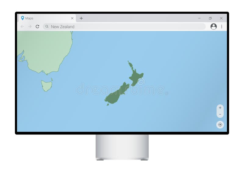 Computer monitor with map of New Zealand in browser, search for the country of New Zealand on the web mapping program stock illustration