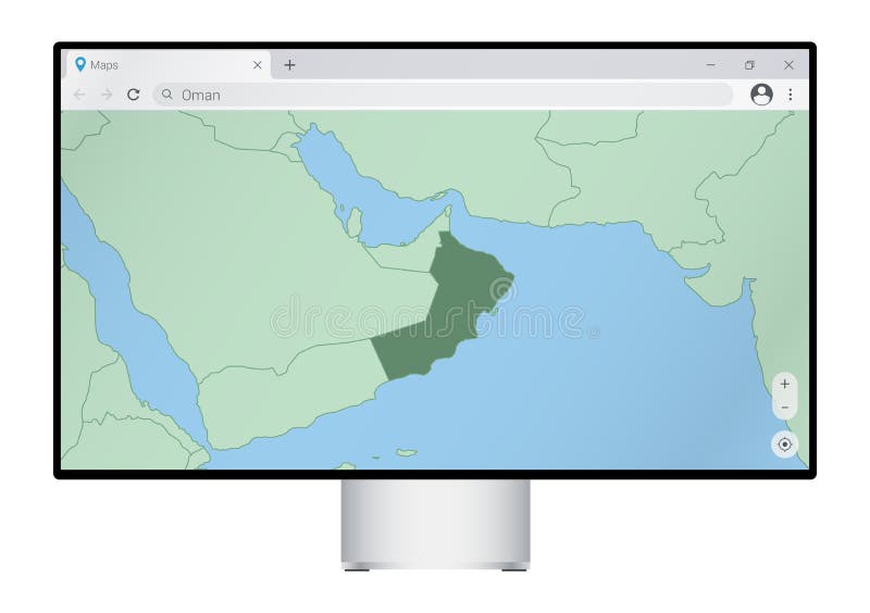 Computer monitor with map of Oman in browser, search for the country of Oman on the web mapping program vector illustration
