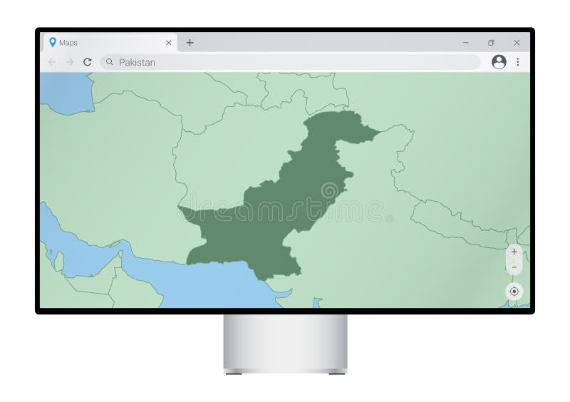 Computer monitor with map of Pakistan in browser, search for the country of Pakistan on the web mapping program stock illustration