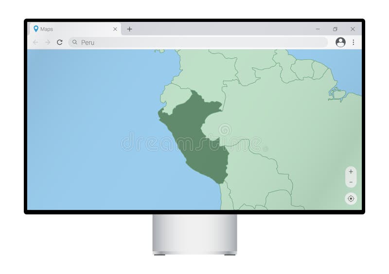 Computer monitor with map of Peru in browser, search for the country of Peru on the web mapping program vector illustration