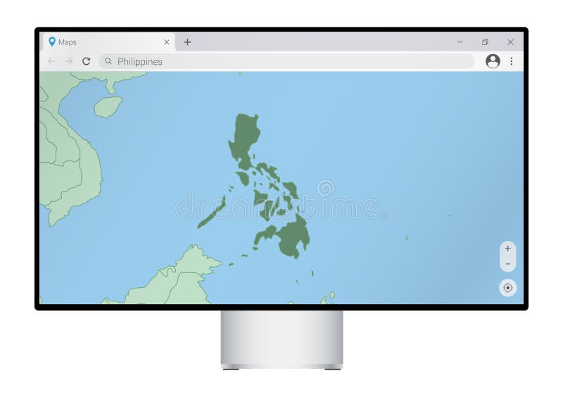 Computer monitor with map of Philippines in browser, search for the country of Philippines on the web mapping program stock illustration
