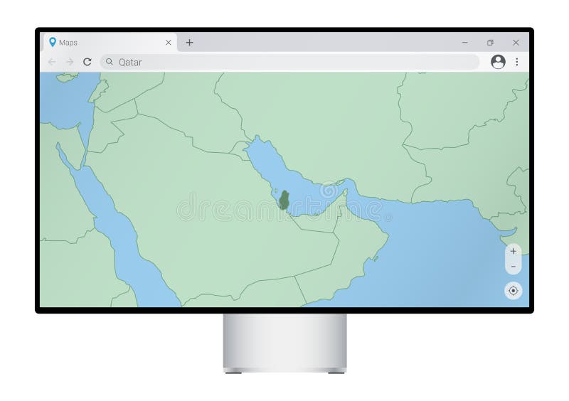 Computer monitor with map of Qatar in browser, search for the country of Qatar on the web mapping program stock illustration