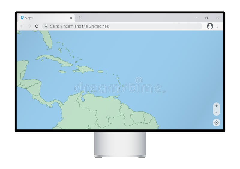 Computer monitor with map of Saint Vincent and the Grenadines in browser, search for the country of Saint Vincent and the vector illustration