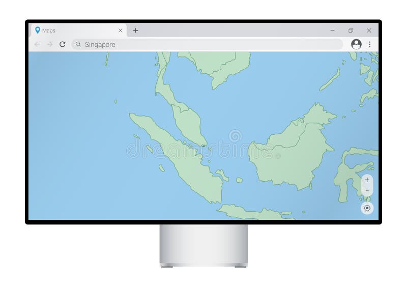 Computer monitor with map of Singapore in browser, search for the country of Singapore on the web mapping program vector illustration