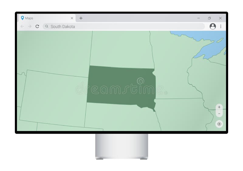 Computer monitor with map of South Dakota in browser, search for the country of South Dakota on the web mapping program royalty free illustration