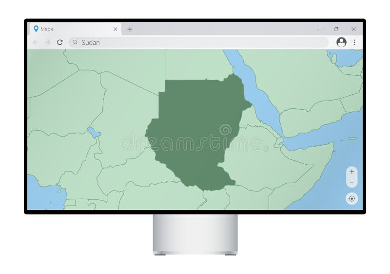 Computer monitor with map of Sudan in browser, search for the country of Sudan on the web mapping program stock illustration