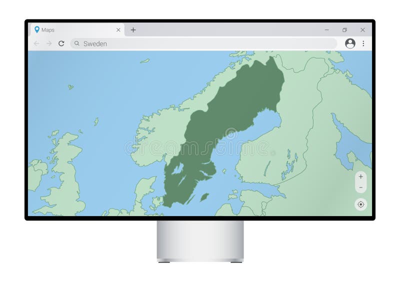 Computer monitor with map of Sweden in browser, search for the country of Sweden on the web mapping program. Vector template