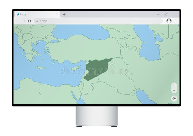 Computer monitor with map of Syria in browser, search for the country of Syria on the web mapping program royalty free illustration