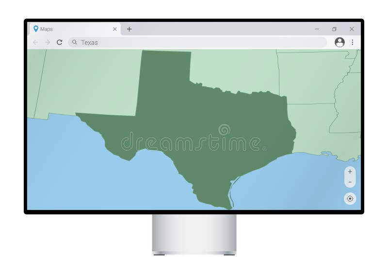 Computer monitor with map of Texas in browser, search for the country of Texas on the web mapping program vector illustration