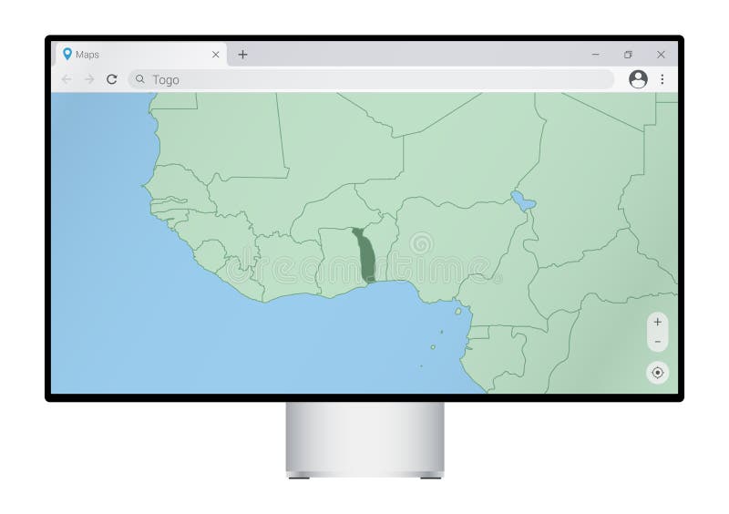 Computer monitor with map of Togo in browser, search for the country of Togo on the web mapping program royalty free illustration
