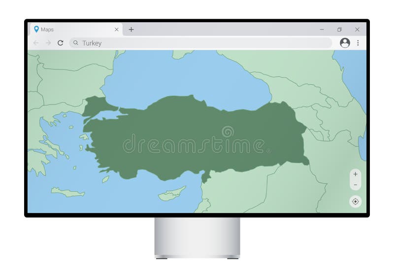 Computer monitor with map of Turkey in browser, search for the country of Turkey on the web mapping program stock illustration