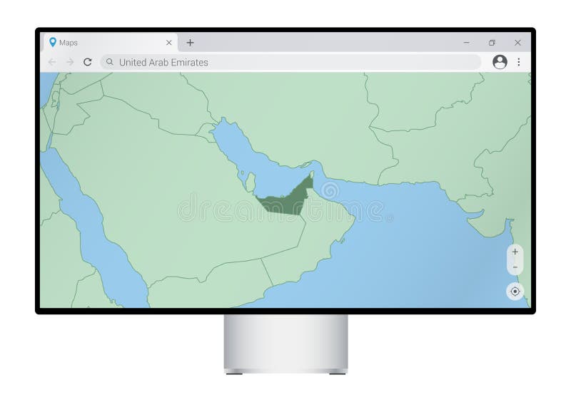 Computer monitor with map of United Arab Emirates in browser, search for the country of United Arab Emirates on the web mapping royalty free illustration
