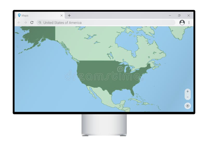 Computer monitor with map of USA in browser, search for the country of USA on the web mapping program vector illustration