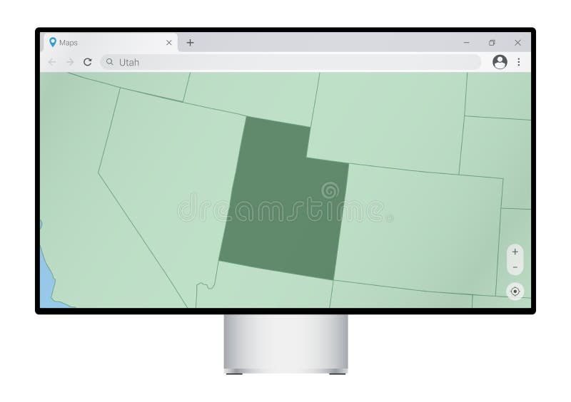 Computer monitor with map of Utah in browser, search for the country of Utah on the web mapping program stock illustration