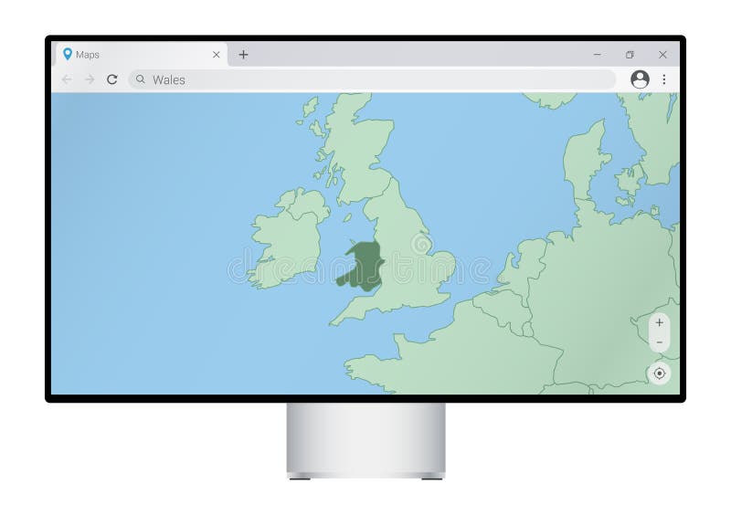 Computer monitor with map of Wales in browser, search for the country of Wales on the web mapping program vector illustration