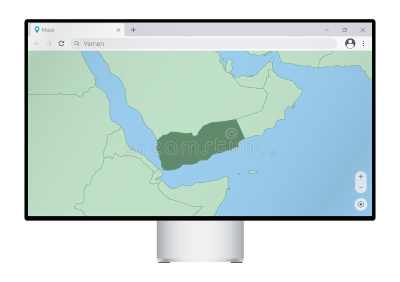 Computer monitor with map of Yemen in browser, search for the country of Yemen on the web mapping program stock illustration