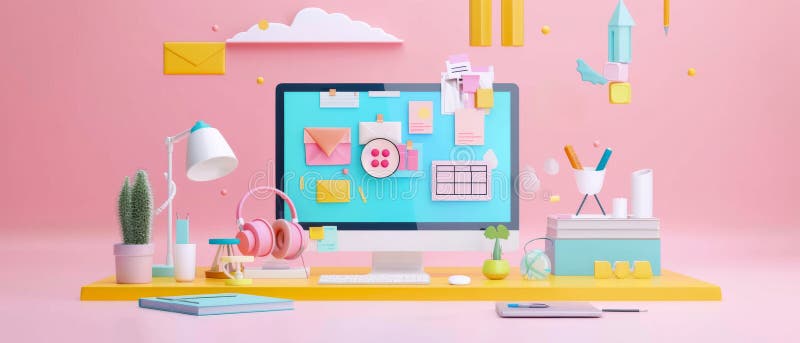 A computer monitor with a pink background and a lot of colorful objects. The objects include a potted plant, a keyboard, a mouse, a cell phone, a book, a cup, and a pair of headphones