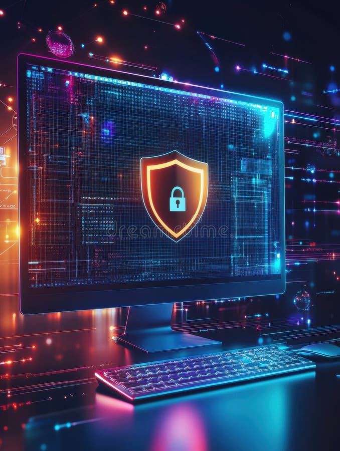 A computer monitor showcases a vibrant shield and lock icon, representing internet safety within a technological royalty free stock photography
