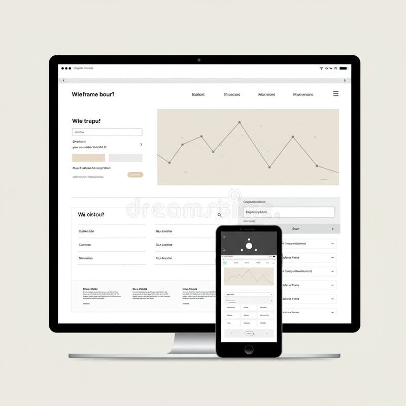 A computer monitor and smartphone display a similar web interface featuring line vector illustration