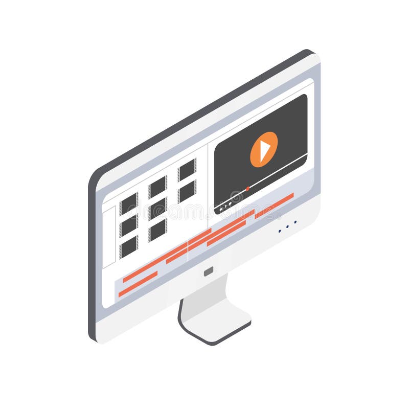Computer monitor with video editor on the screen. Concept of multimedia production, filmmaking process and motion vector illustration