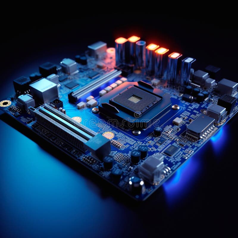 Computer Motherboard with Blue Light Shining on it Generative AI Stock