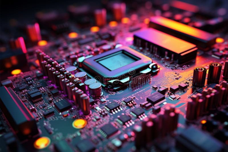 A computer motherboard with bright colorful connections vector illustration