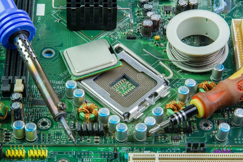 Computer motherboard and equipment repair. stock image