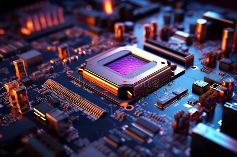 Computer motherboard with processor and microchips, 3Drendering closeup view vector illustration