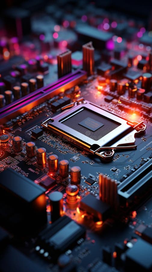 Computer motherboard with processor and microchips, 3Drendering closeup view royalty free illustration
