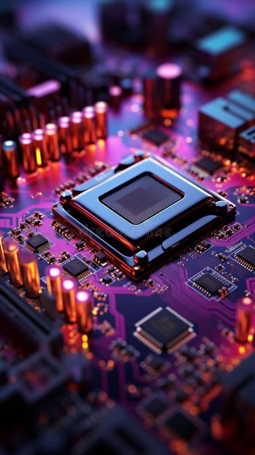 Computer motherboard with processor and microchips, 3Drendering closeup view Vertical Mobile Wallpaper