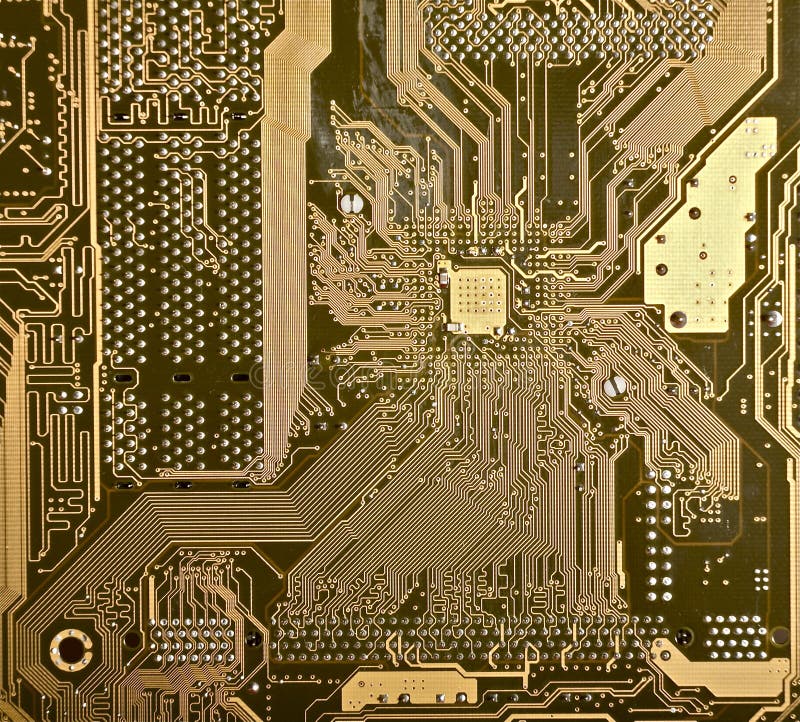 Computer motherboard with wires, solder view.