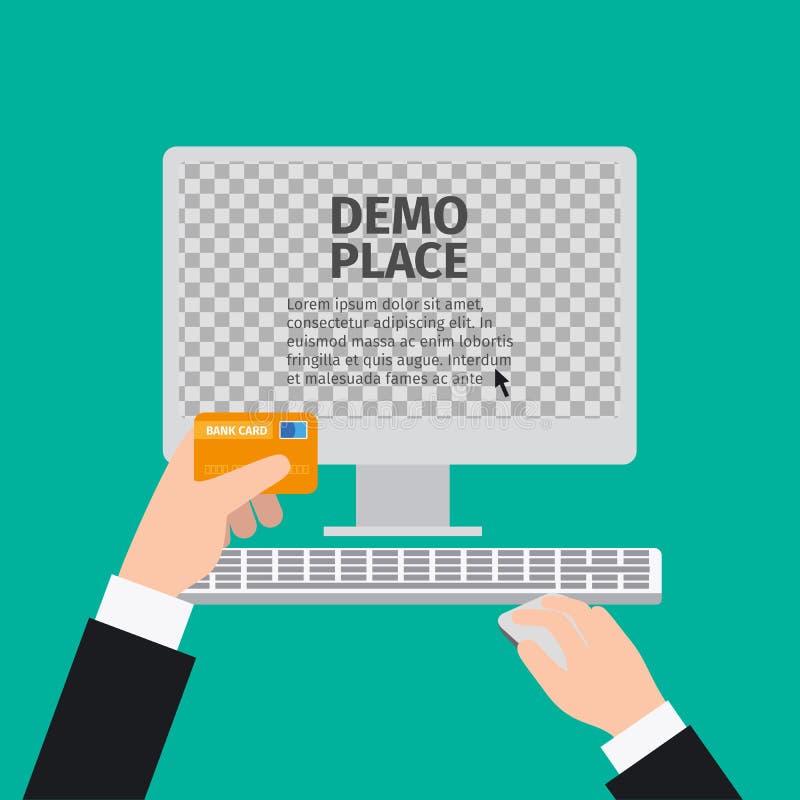 Computer, mouse and card in hand vector illustration Computer, mouse and card in hand vector illustration