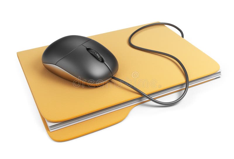 Computer mouse on folder. 3D Icon on white background