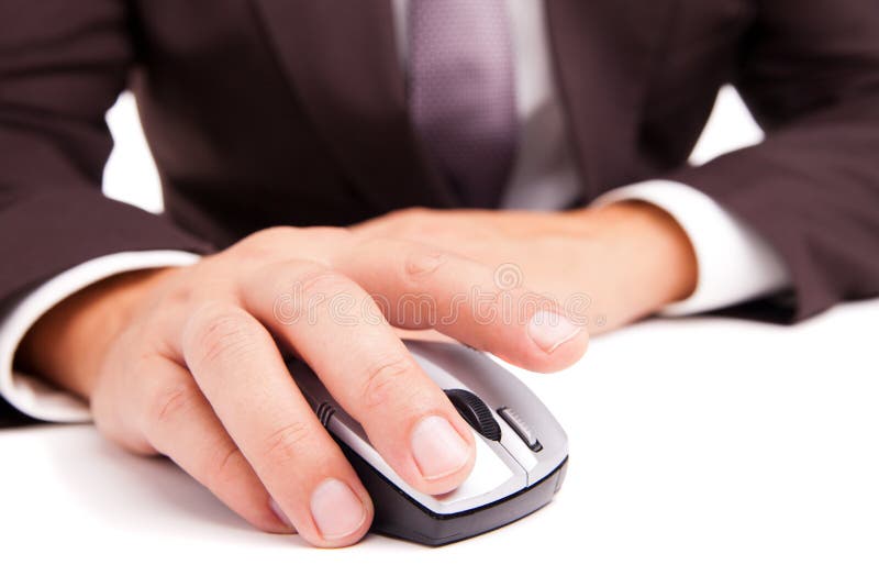 Computer Mouse in Hand Businessman on White Stock Photo Image of