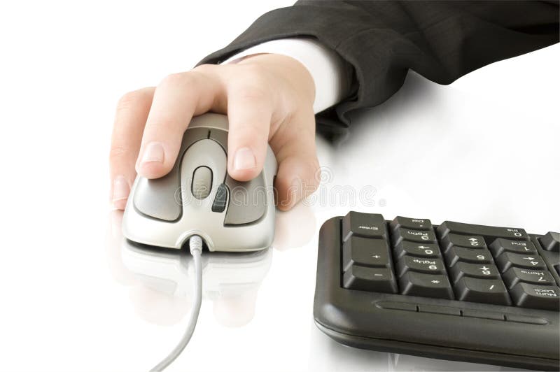 Computer mouse in the hand and keyboard