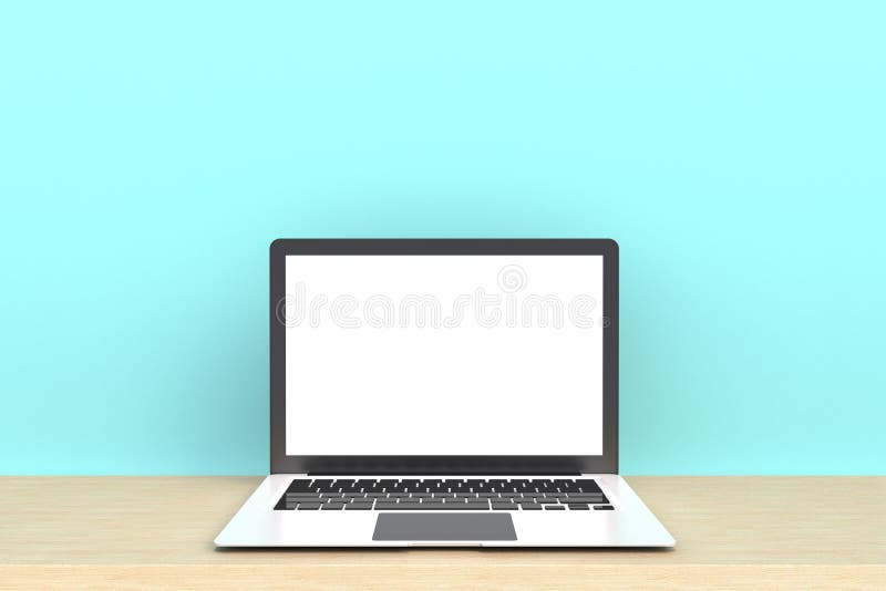 Laptop computer white blank screen on wood work table front view, Isolated on blue background, 3D rendering