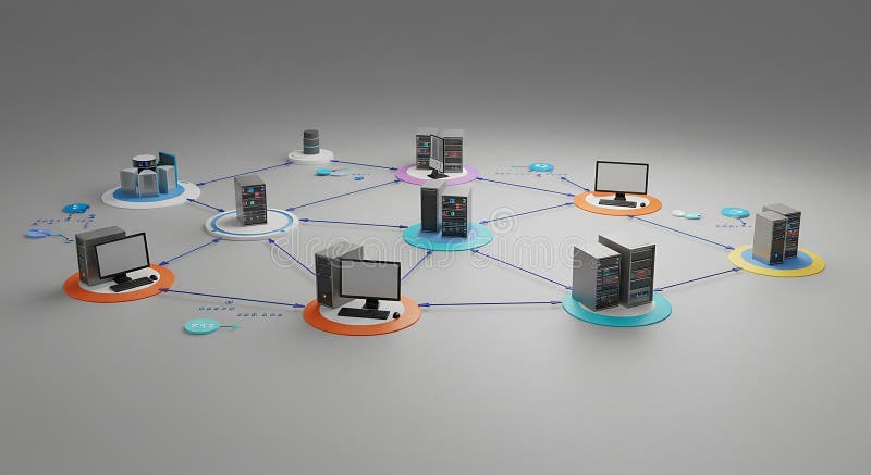 Computer network diagram illustrating a server-client model. Various elements stock illustration