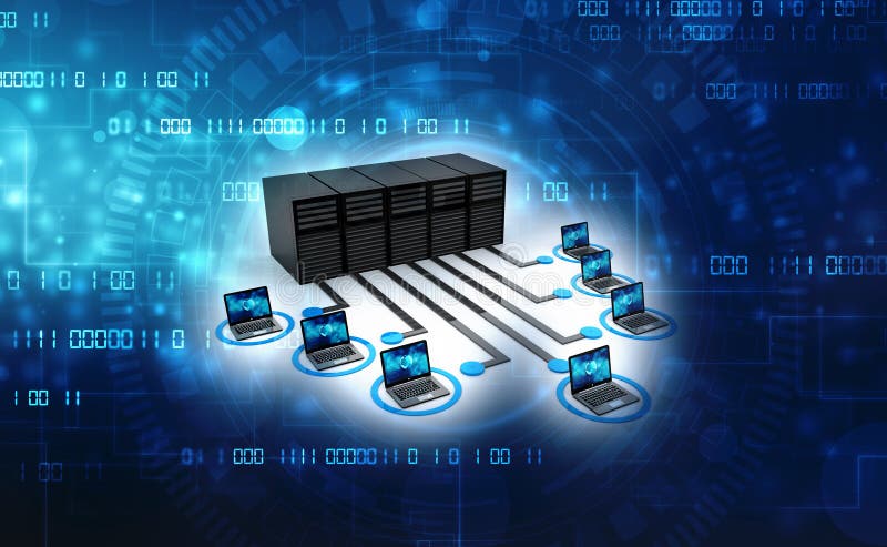 Computer Network, Global internet Communication. Computers connected with servers. 3d render royalty free illustration