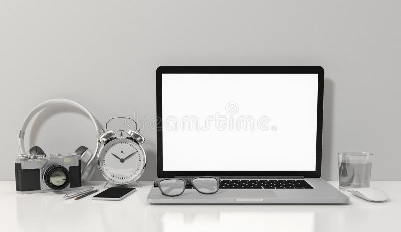 Computer notebook blank screen on white office desk, workspace mock up design illustration 3D rendering royalty free illustration Computer notebook blank screen on white office desk, workspace mock up design illustration 3D rendering royalty free illustration