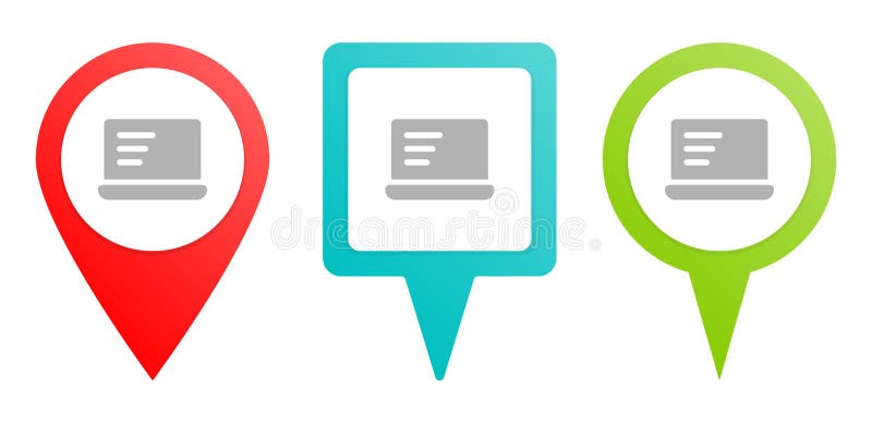 Computer, notebook. Multicolor pin vector icon, diferent type map and navigation point vector illustration