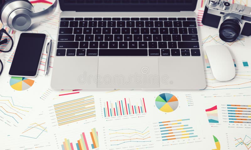 Computer notebook and paper chart on desk background, business concept, illustration 3D rendering vector illustration