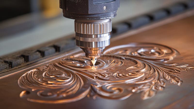 Computer Numerical Control Machine Carving Intricate Wood Design royalty free illustration