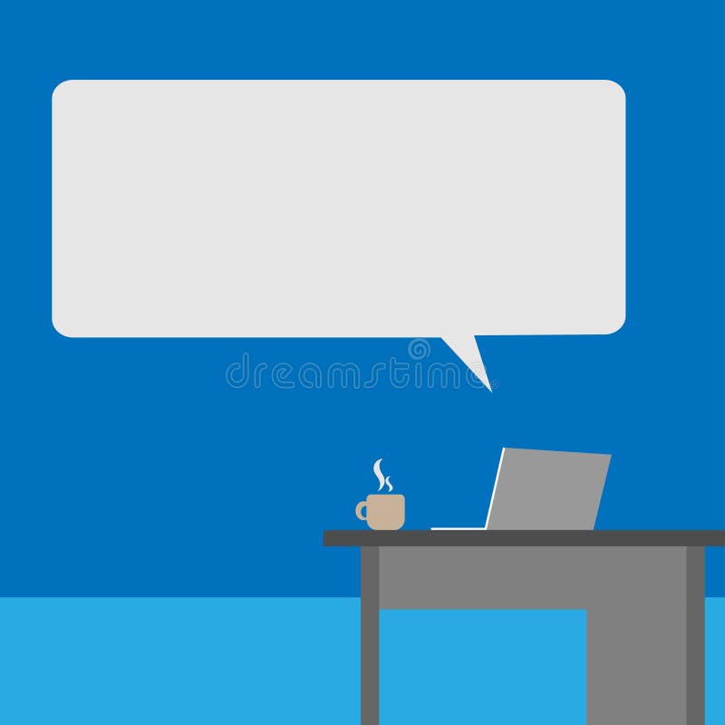 Computer on Office Desk with Speech Bubble in Trendy Flat Style Stock